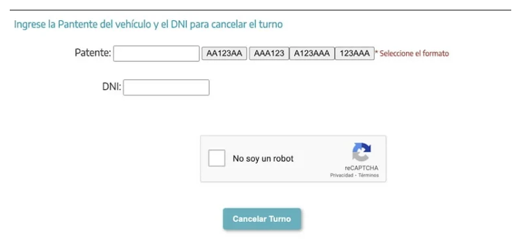 Pantalla para cancelar el turno de la VTV en La Plata con patente y DNI