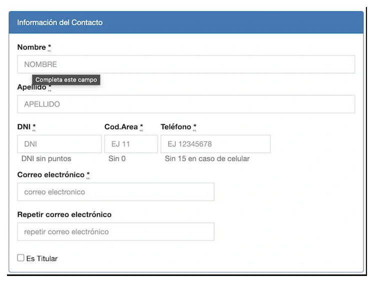 Paso 2 para sacar turno de la VTV en La Plata: información del contacto